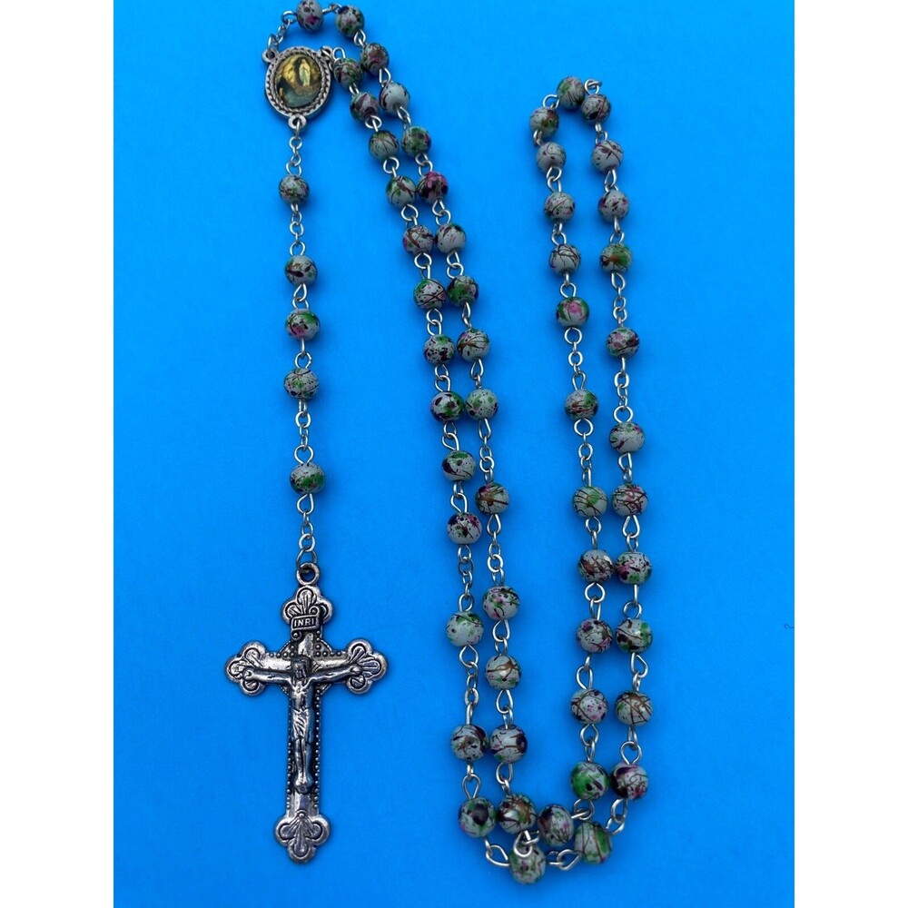 Vtg CREED Our Lady Lourdes Multi Colored Speckled Glass Bead Rosary Catholic